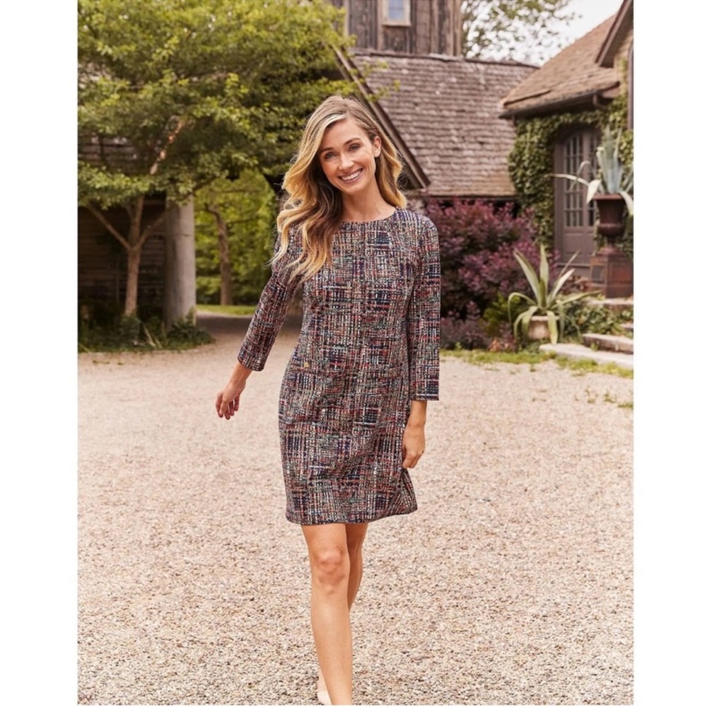 NWT Jude Connally Sabine Ponte Tweed Crew Neck 3/4 Sleeve Shift Dress